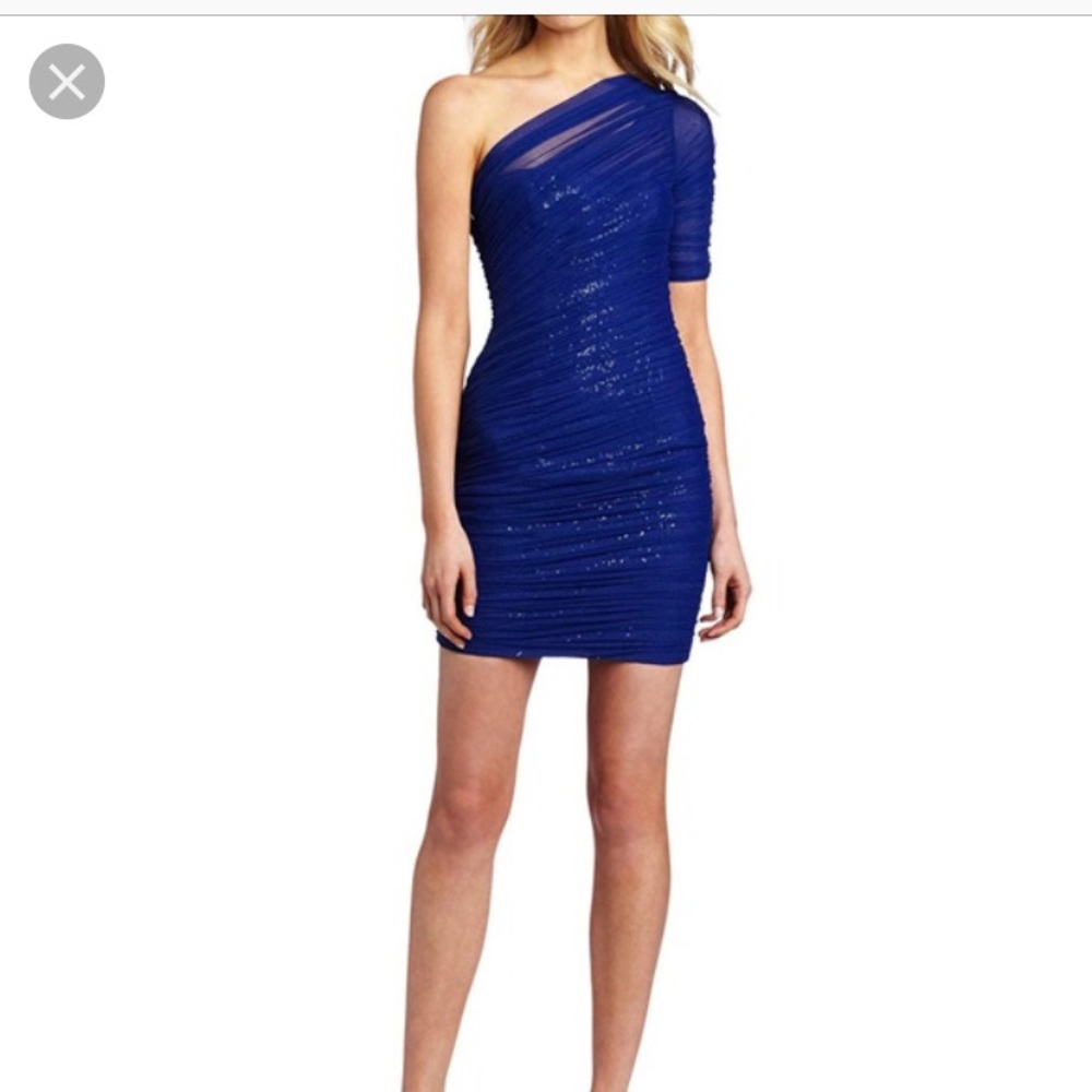 bcbg blue one shoulder ruched cocktail dress